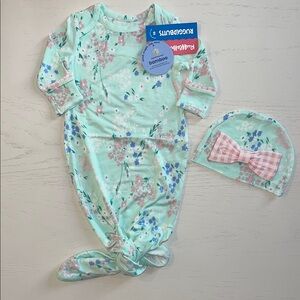 Rufflebutts Baby Girl Bamboo Mint Floral Knot Gown with Hat Newborn-3 months